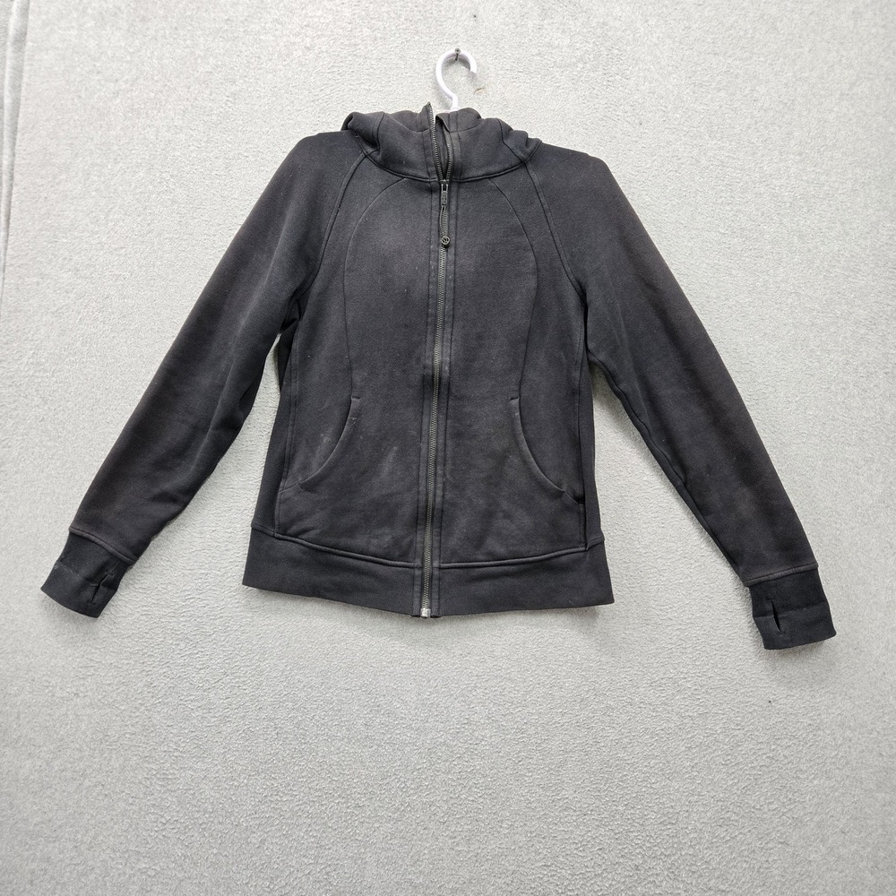 Lululemon Women Hoodie 6 Black Fleece Scuba Logo Zipper Pockets Full Zip